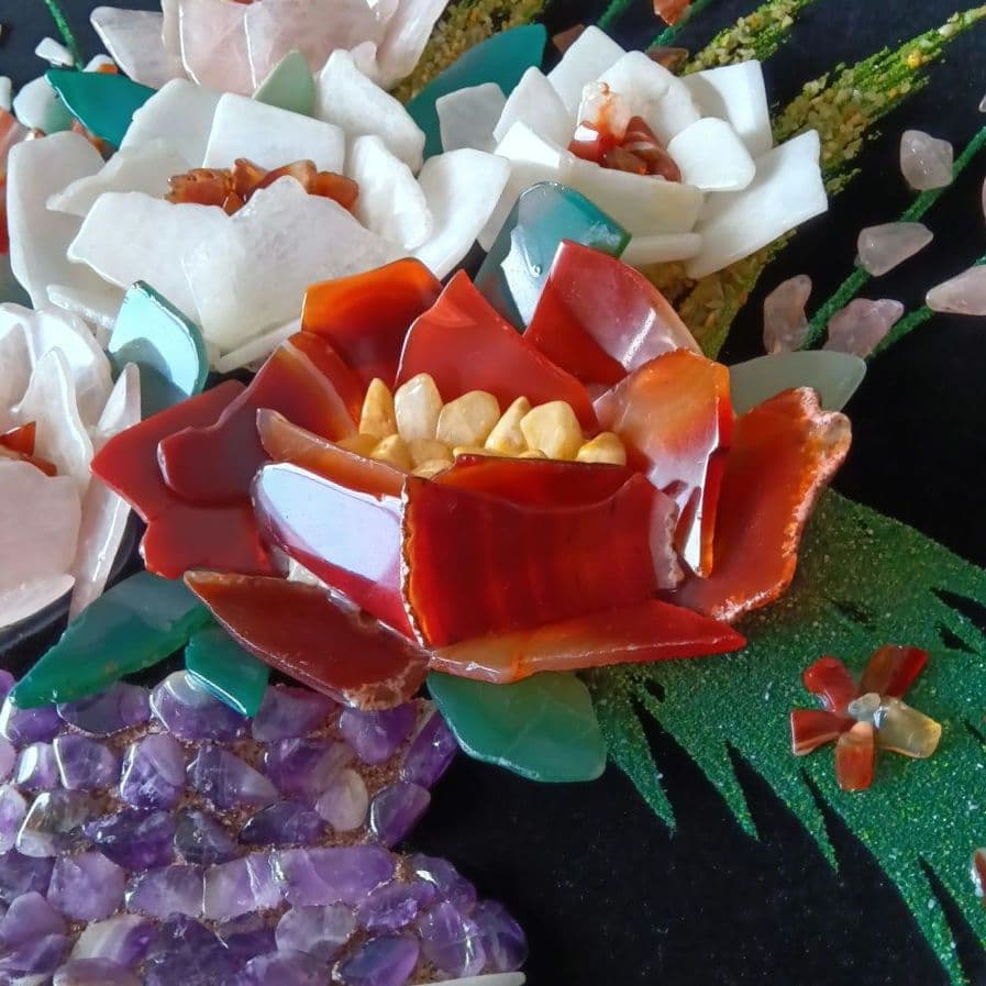 昭和レトロ 大判額装品(74x66cm) 貴石画 花瓶の花 【宝虎・刻印付き】