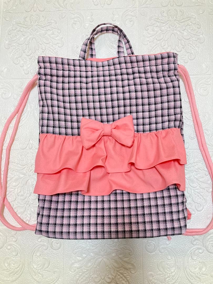 入園入学3点セット　レッスンバッグ　上履き入れ　体操着袋(ピンクチェック)