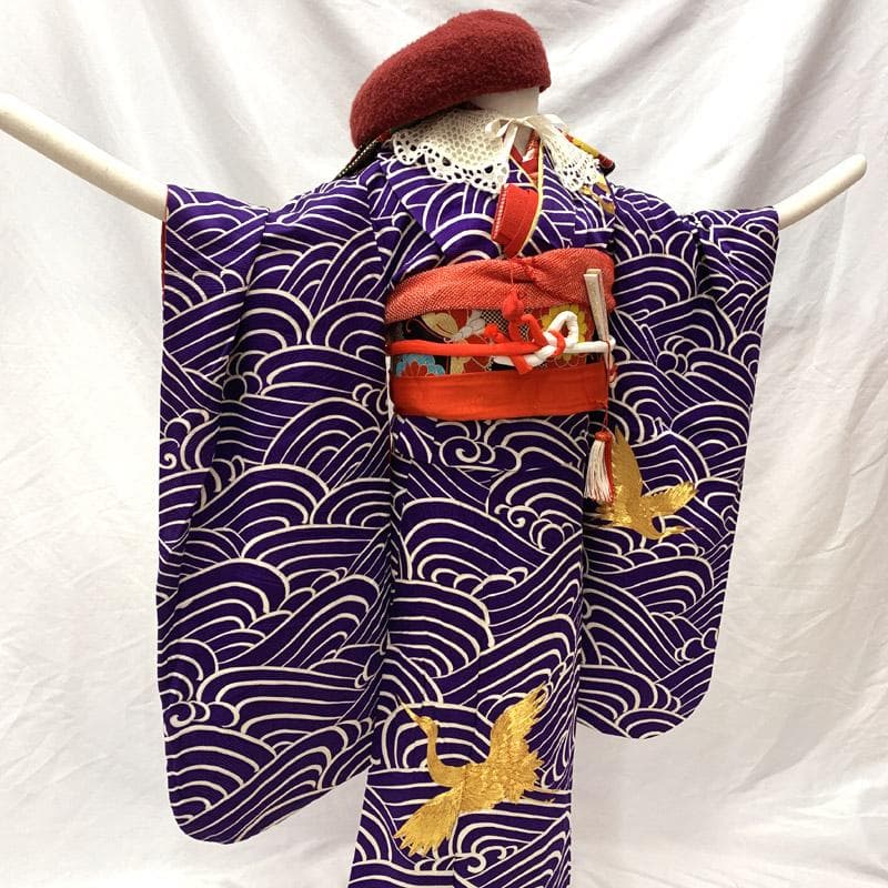 602ag41■七五三 七歳 女児 着物&丸帯&長襦袢 金駒刺繍 鶴■状態良好