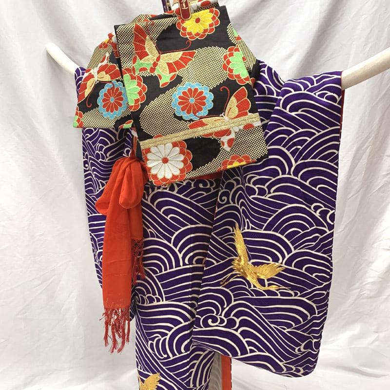 602ag41■七五三 七歳 女児 着物&丸帯&長襦袢 金駒刺繍 鶴■状態良好