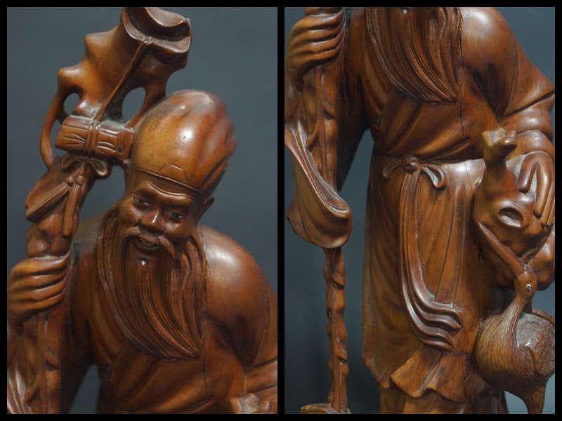 オールド柘植 つげ 黄楊木 細工彫り『寿老人鶴立像』置物 オブジェ高36.5cm