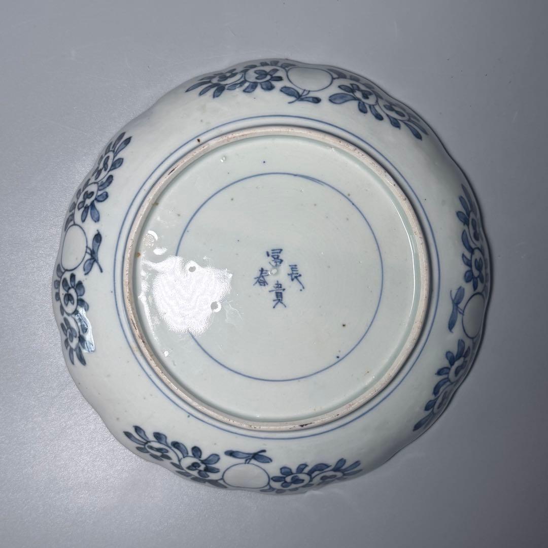 江戸後期　古伊万里　色絵うさぎ文様輪花形七寸皿　五客　冨貴長春　21.8cm