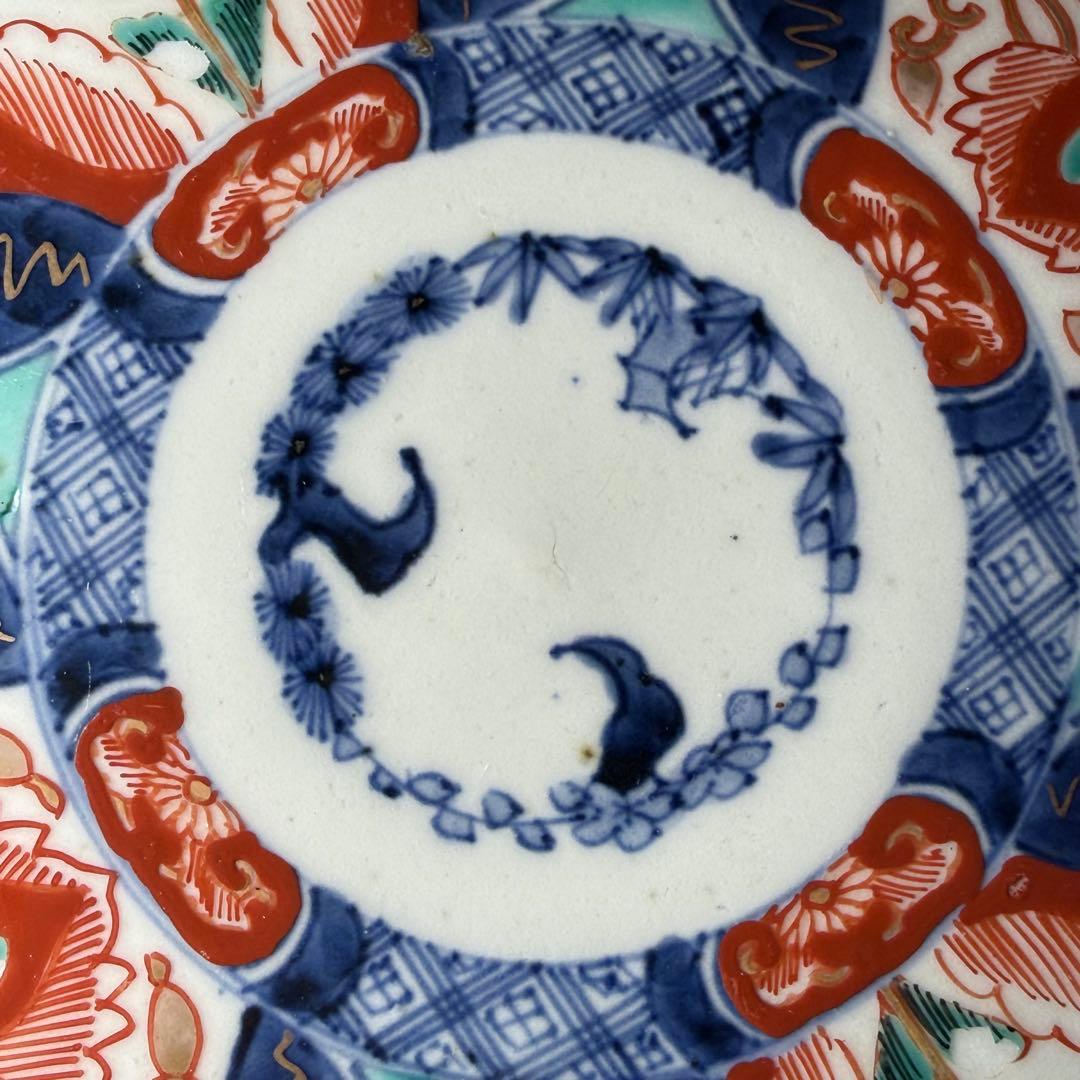 江戸後期　古伊万里　色絵うさぎ文様輪花形七寸皿　五客　冨貴長春　21.8cm