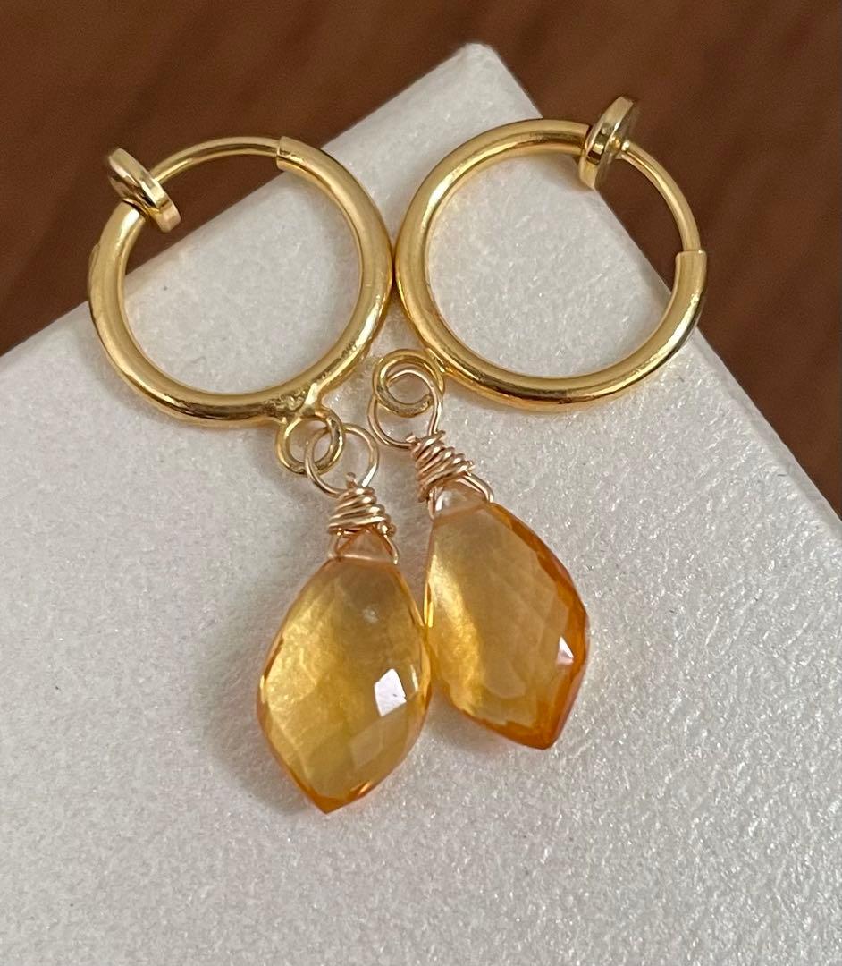 天然石イヤリング　シトリン　ゴールドフープイヤリング　133-2 樹脂可能