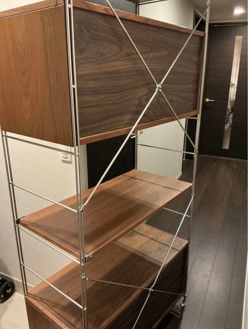 無印良品ステンレスユニットシェルフウォールナット材引き出し、ガラス戸付き