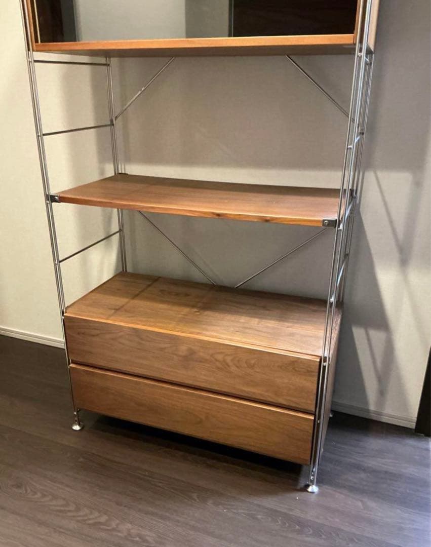 無印良品ステンレスユニットシェルフウォールナット材引き出し、ガラス戸付き