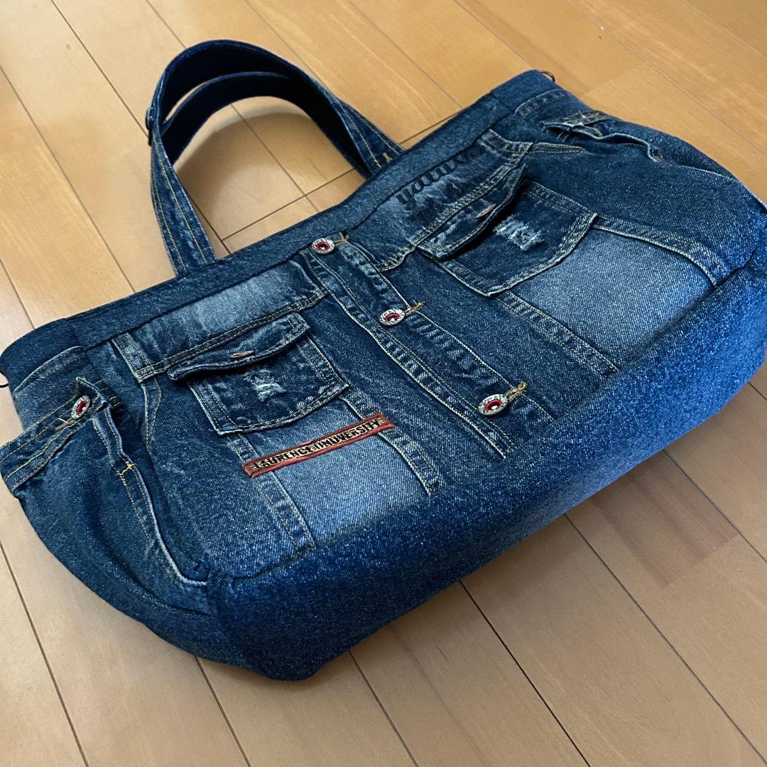 947.再販なし‼️デニムリメイク サイドポケットトートバッグ　ジージャン