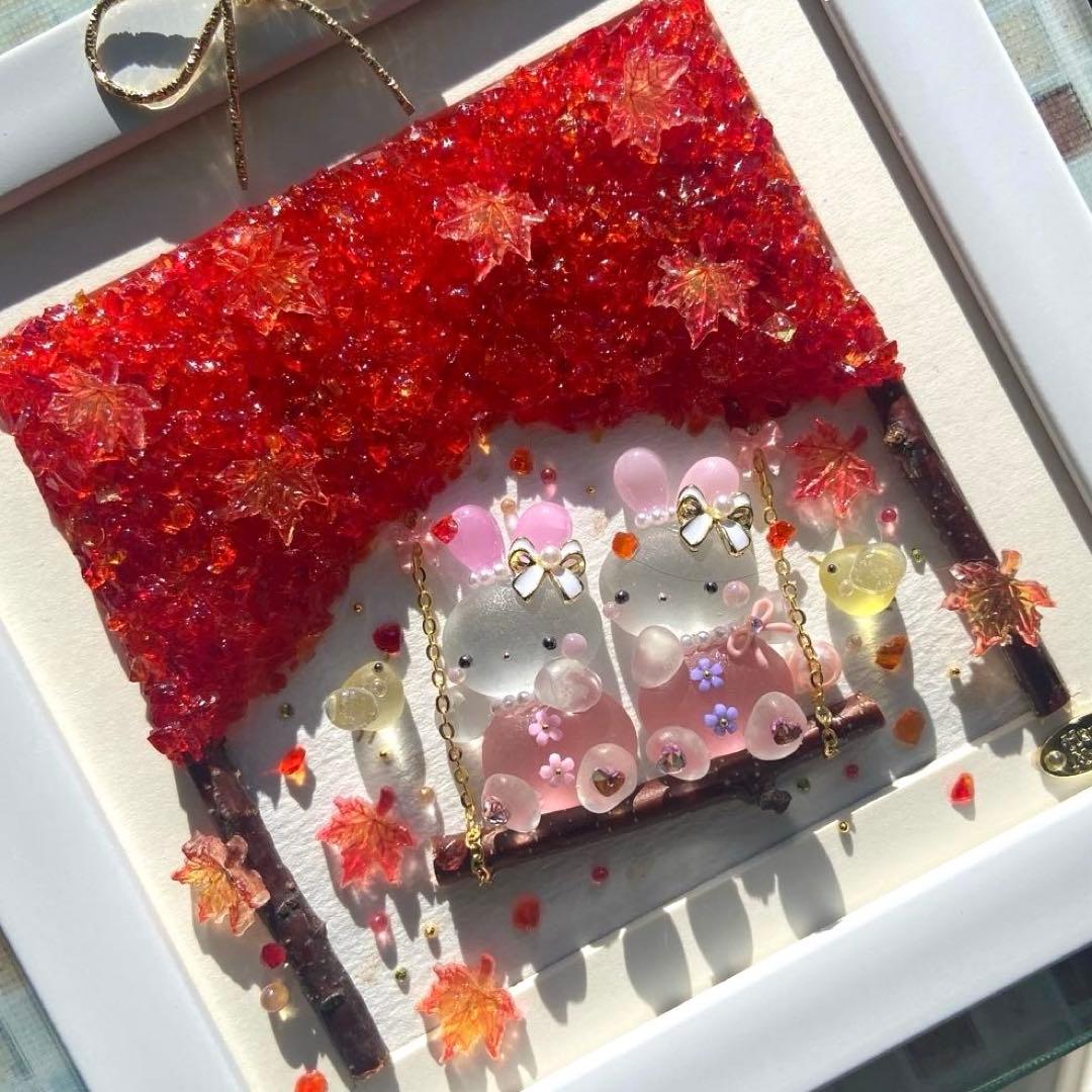 ♡紅葉の森でぶらんこ時間♡ガラス シーグラスアート うさぎ姉妹