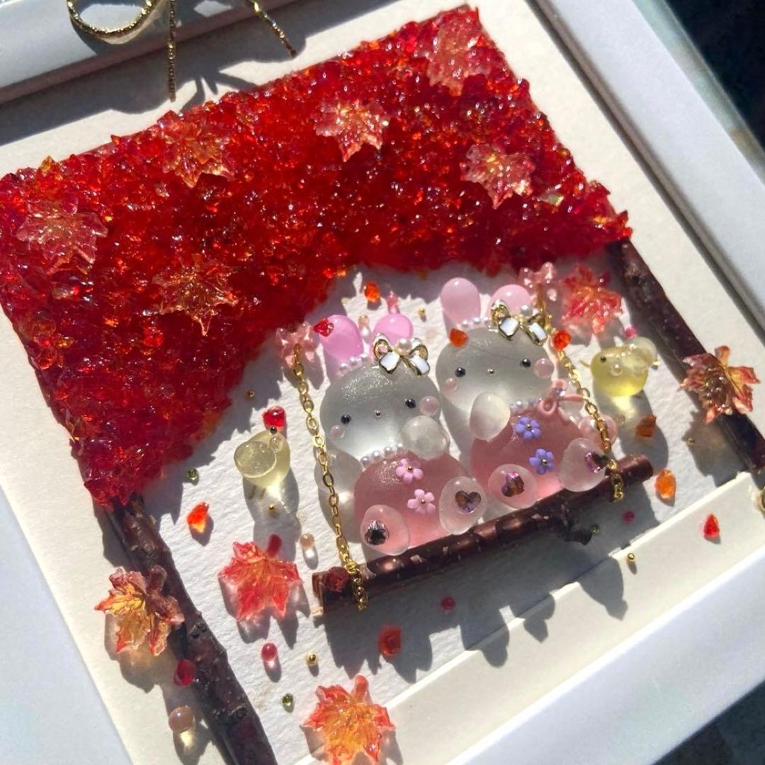 ♡紅葉の森でぶらんこ時間♡ガラス シーグラスアート うさぎ姉妹
