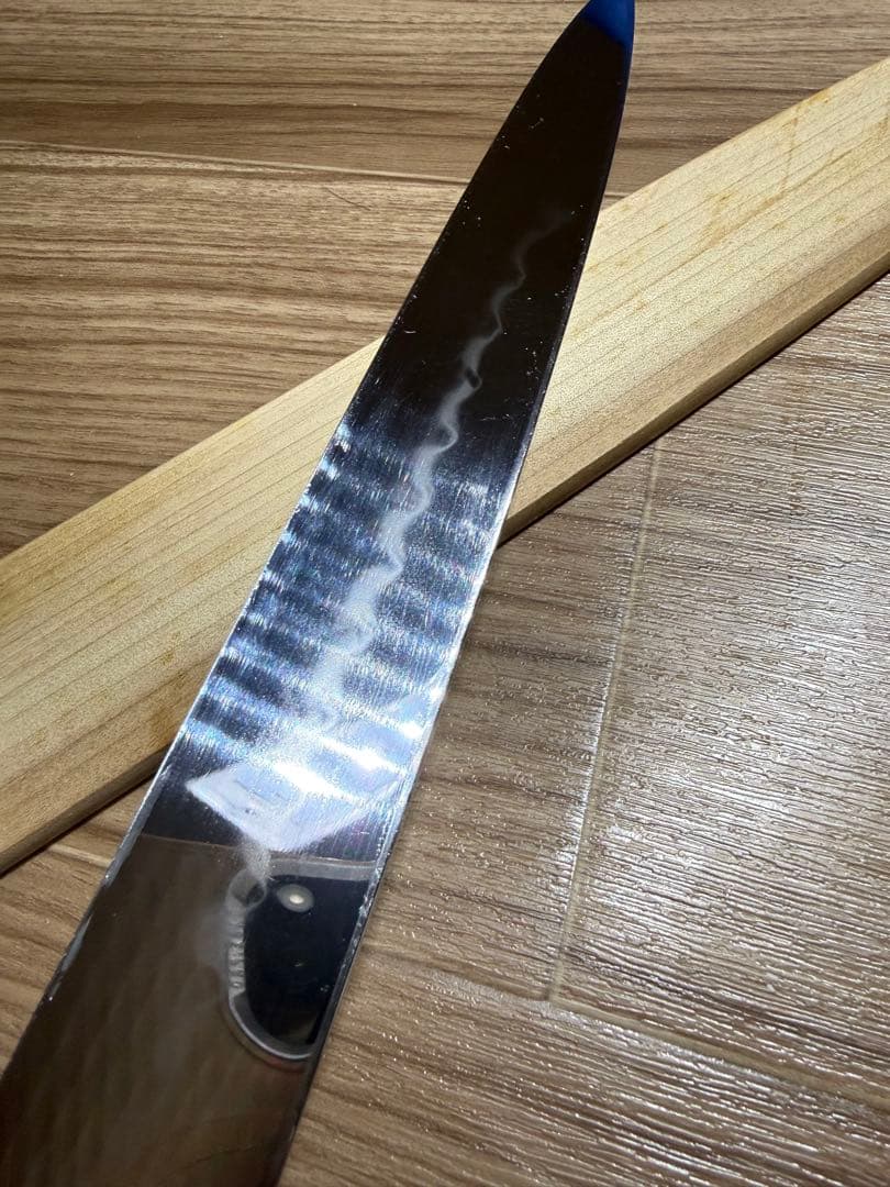 池田美和　柳刃包丁　白一　水本焼　刃渡り　尺一　波紋素晴らしい　鞘付き　柄がない
