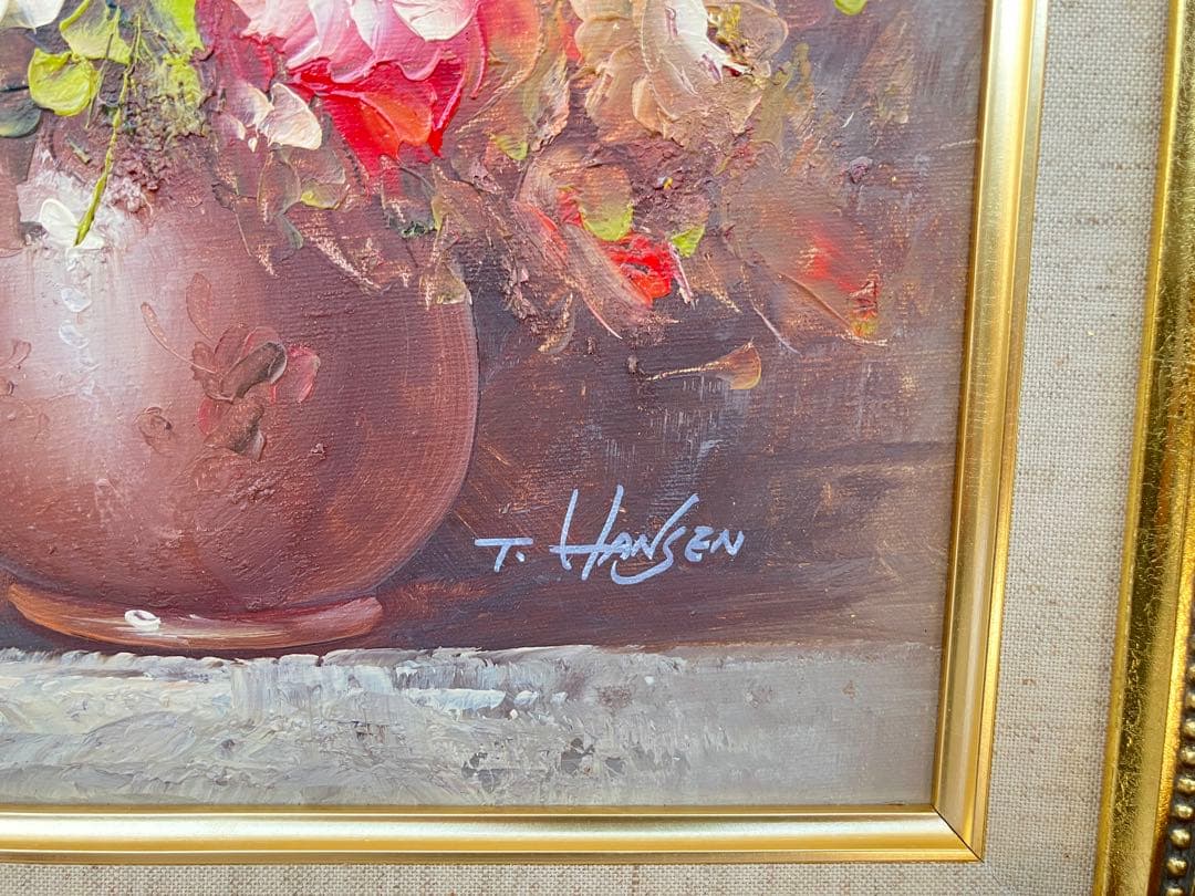 油彩画 油絵 花瓶の花 T.HANSEN バラ