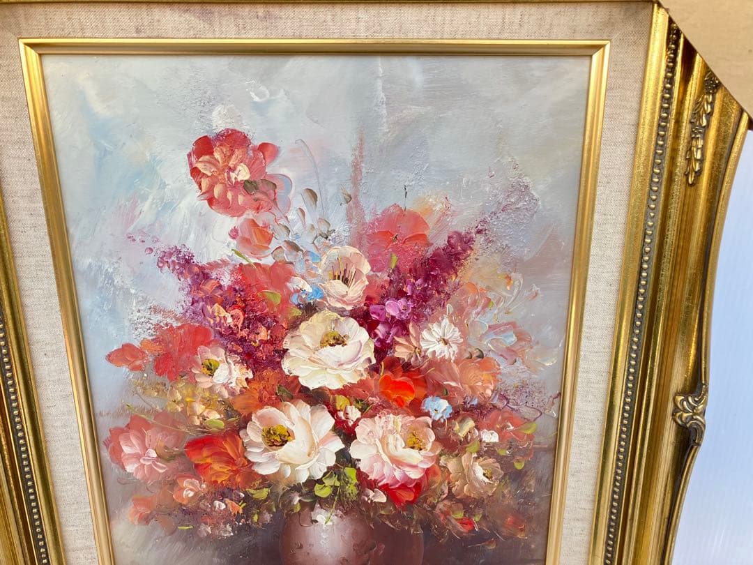 油彩画 油絵 花瓶の花 T.HANSEN バラ