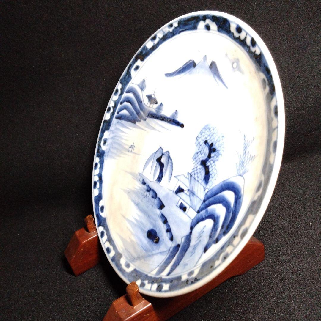 【古伊万里】山水紋　尺皿　染付　古い皿　「吉」　大胆な手描き！　迫力ある逸品！！