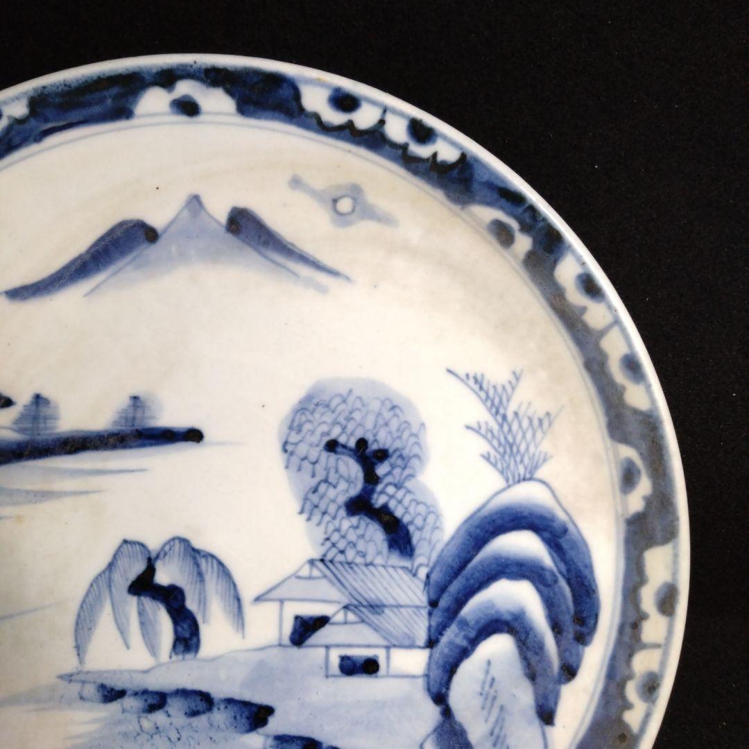 【古伊万里】山水紋　尺皿　染付　古い皿　「吉」　大胆な手描き！　迫力ある逸品！！