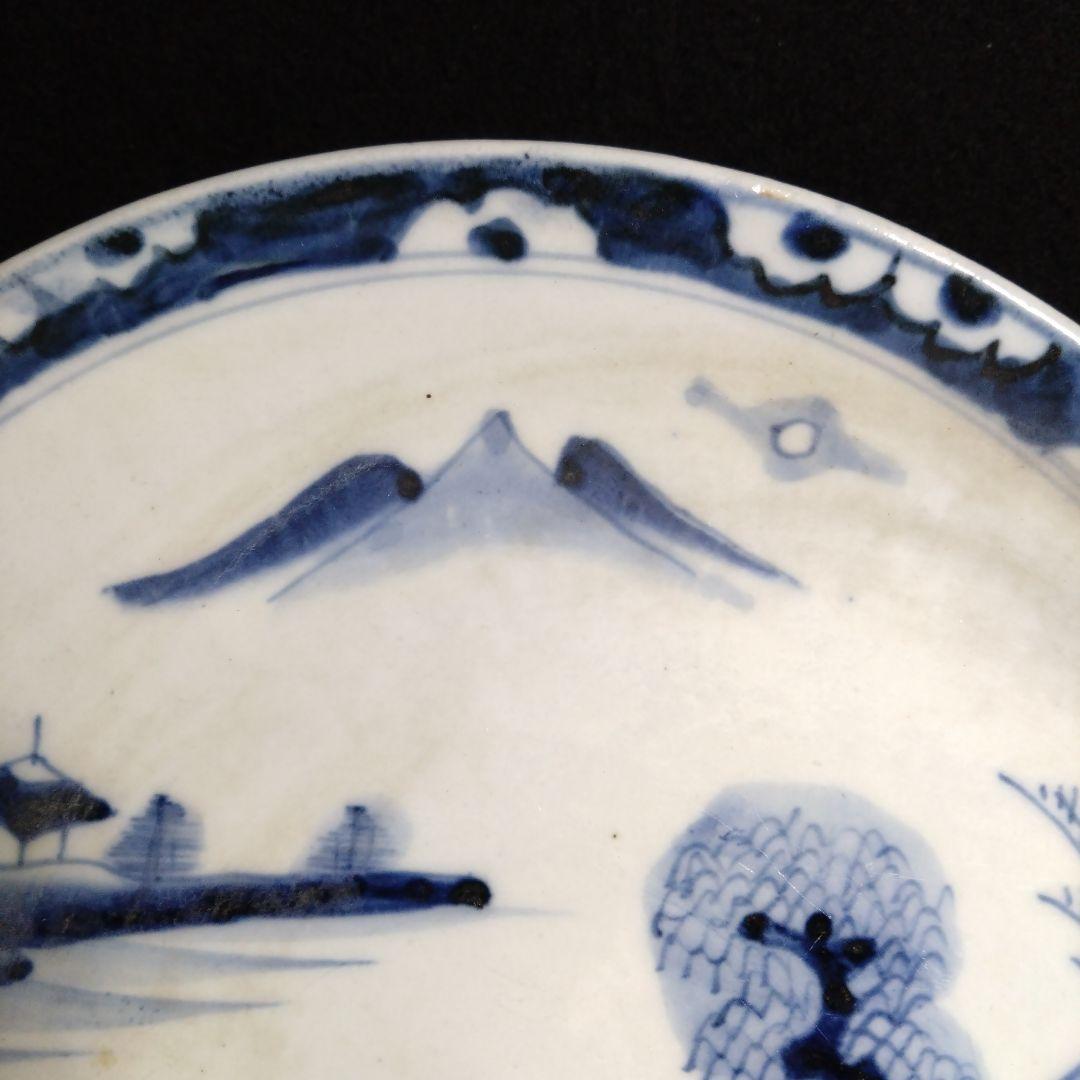 【古伊万里】山水紋　尺皿　染付　古い皿　「吉」　大胆な手描き！　迫力ある逸品！！