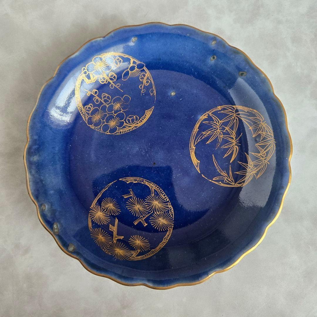 古伊万里　瑠璃　金彩　五寸皿　雪輪　江戸時代　骨董　金継ぎ　アンティーク