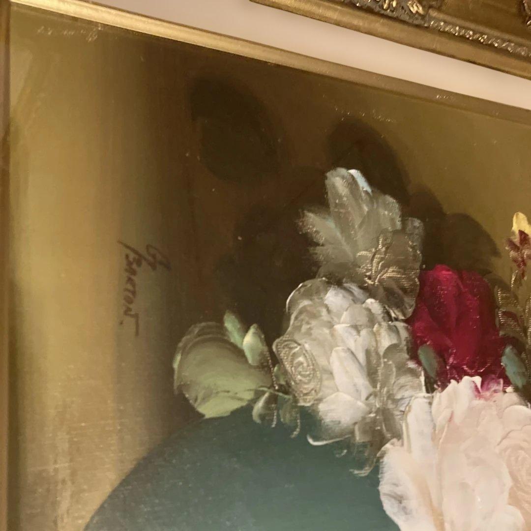 花瓶　花束 油彩画 金色フレーム付き　額装