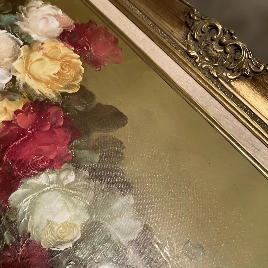 花瓶　花束 油彩画 金色フレーム付き　額装