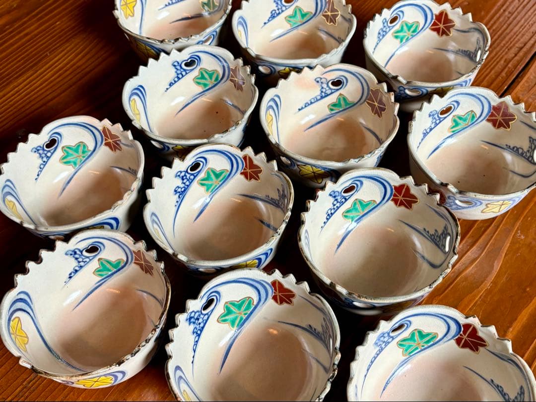 全12客 加賀瑞山 乾山写 色絵龍田川文 向付 共箱