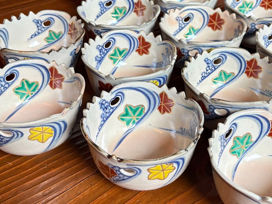 全12客 加賀瑞山 乾山写 色絵龍田川文 向付 共箱