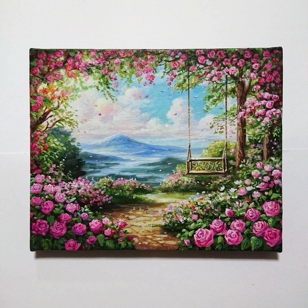 【薔薇のアーチ】アクリル画 F3 風景画 絵画