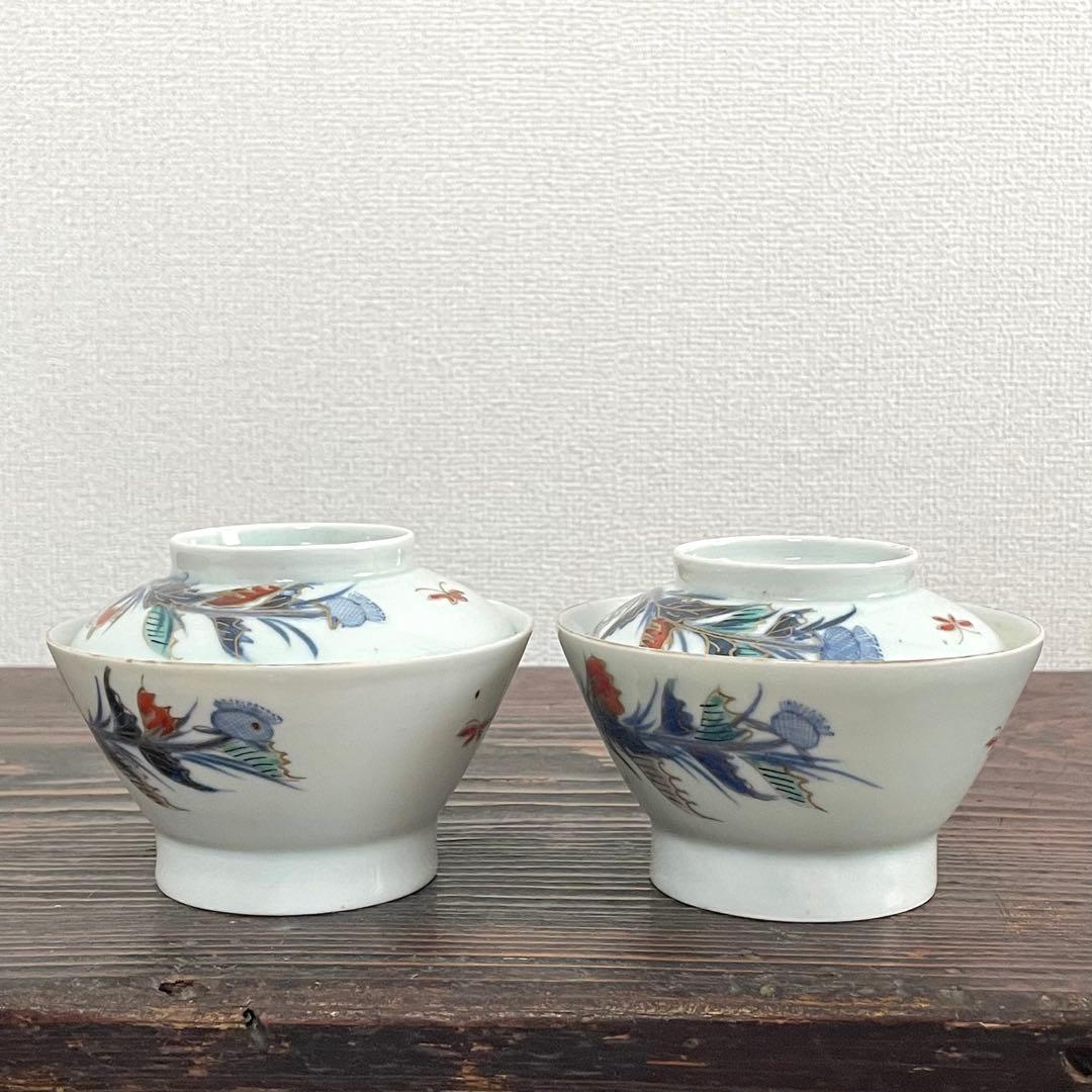 くらわんか 蓋付き茶碗 二客 時代 染付 色絵 金彩 古伊万里 波佐見焼