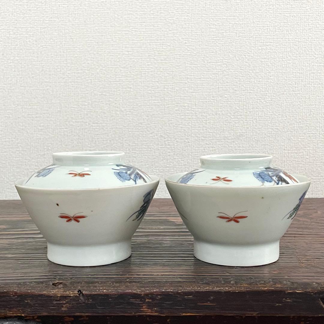 くらわんか 蓋付き茶碗 二客 時代 染付 色絵 金彩 古伊万里 波佐見焼