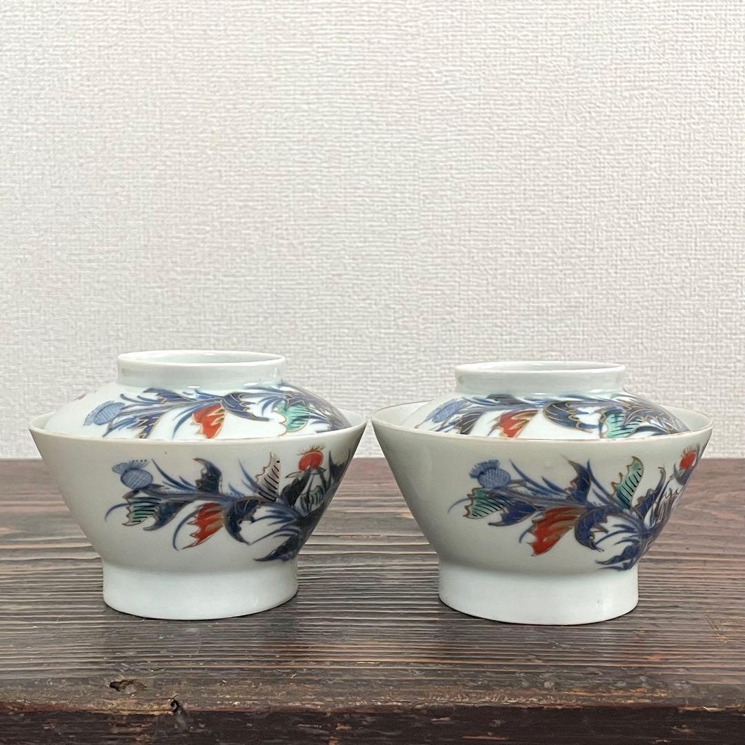 くらわんか 蓋付き茶碗 二客 時代 染付 色絵 金彩 古伊万里 波佐見焼