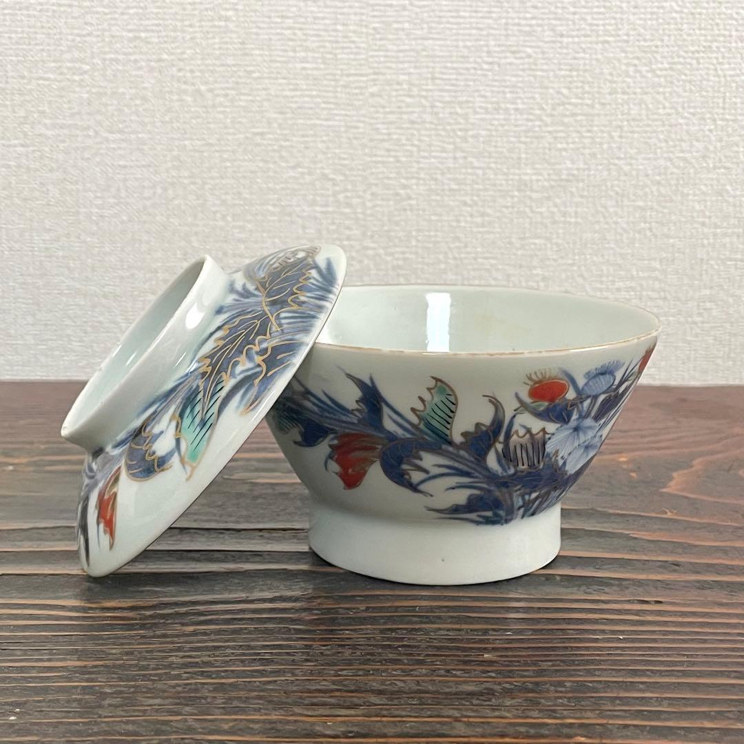 くらわんか 蓋付き茶碗 二客 時代 染付 色絵 金彩 古伊万里 波佐見焼