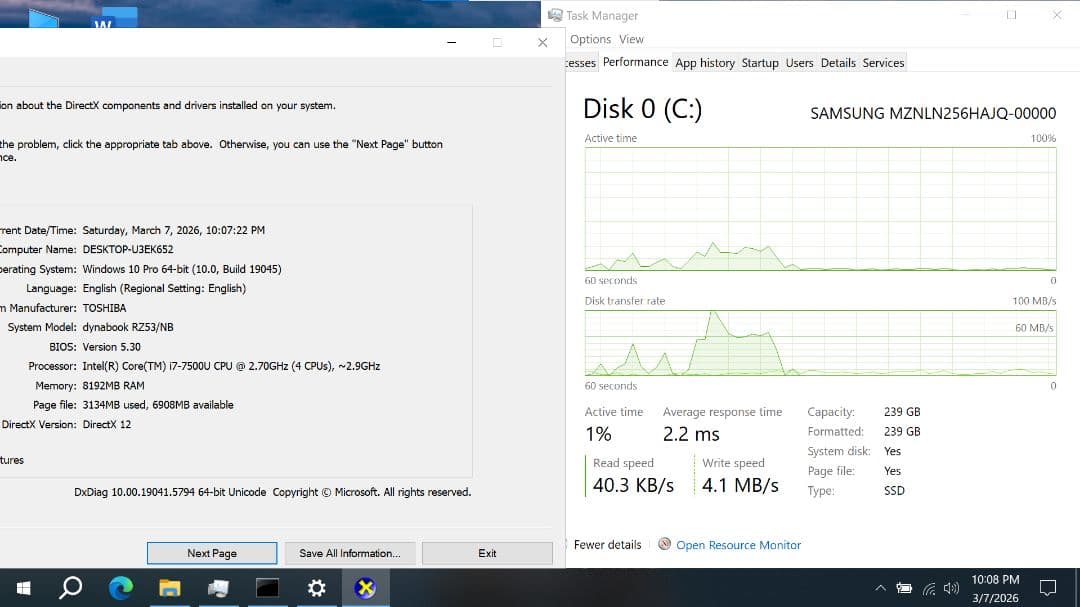 東芝 Dynabook RZ53/NB Core i7 8/255Gb