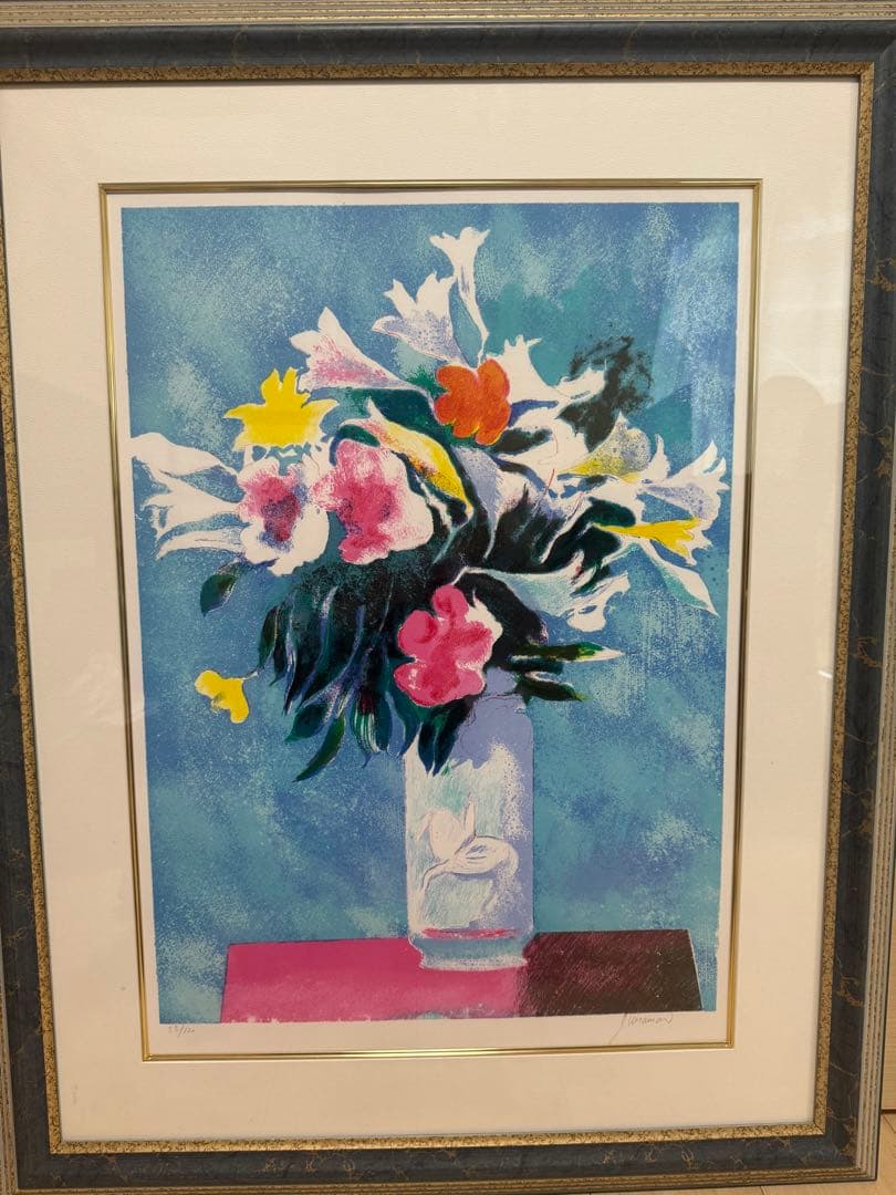 Paul Guiramand lithograph ポールギヤマン青いバックの花