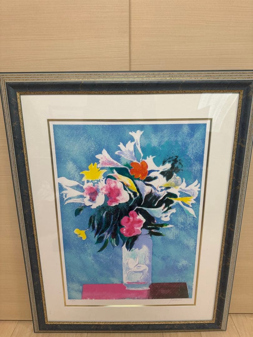 Paul Guiramand lithograph ポールギヤマン青いバックの花
