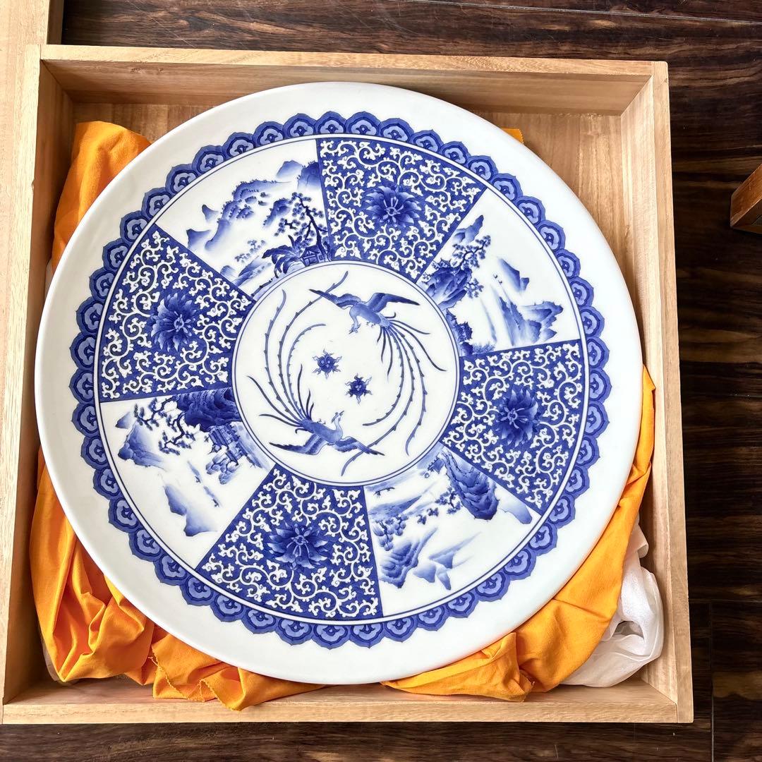 肥前有田 古琳庵 唐草山水文 絵皿 共箱 大皿 飾皿