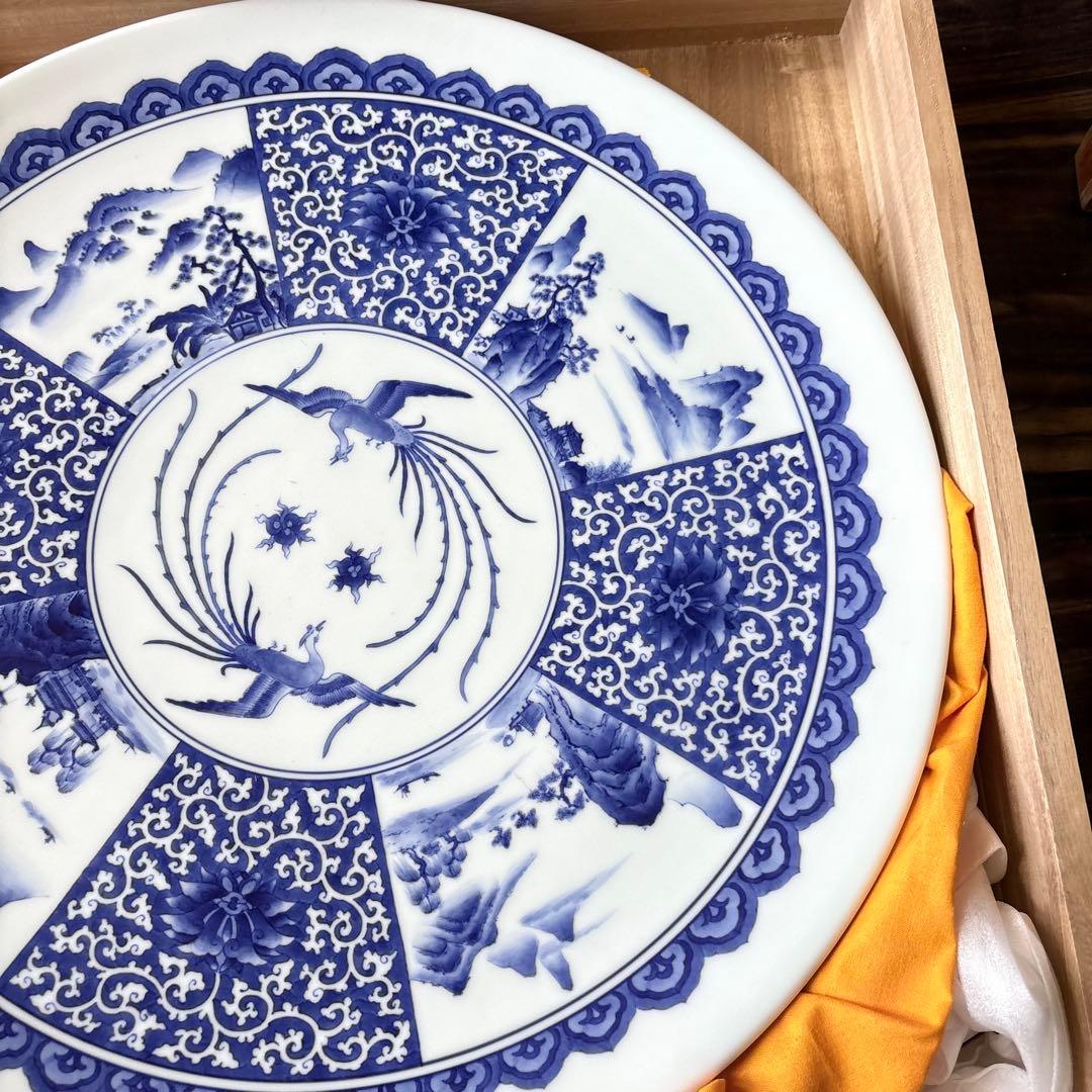 肥前有田 古琳庵 唐草山水文 絵皿 共箱 大皿 飾皿