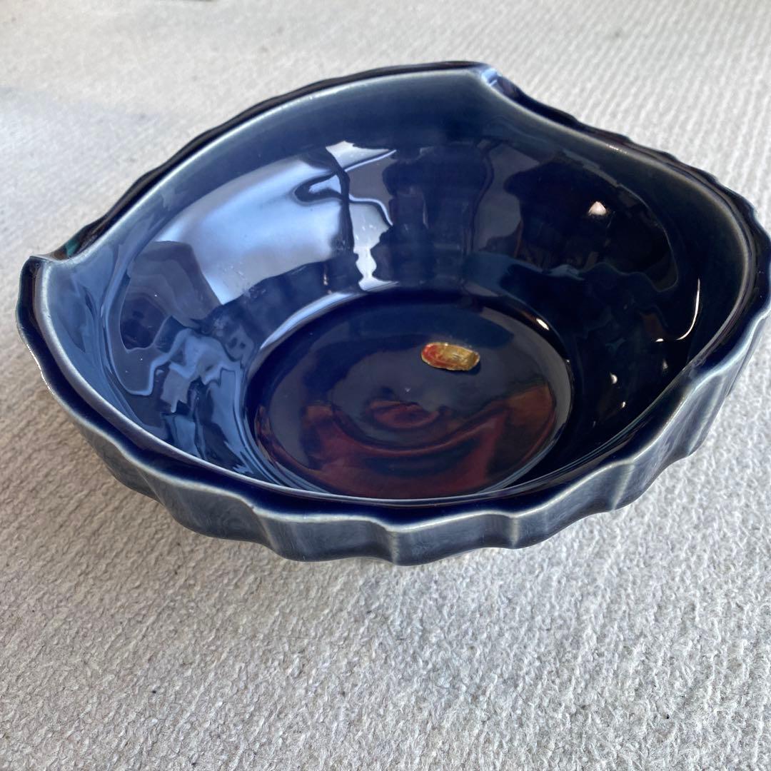 美濃焼　ぎやまん陶　波型ネイビー陶器鉢　約20cm マルヨシ　超希少美品
