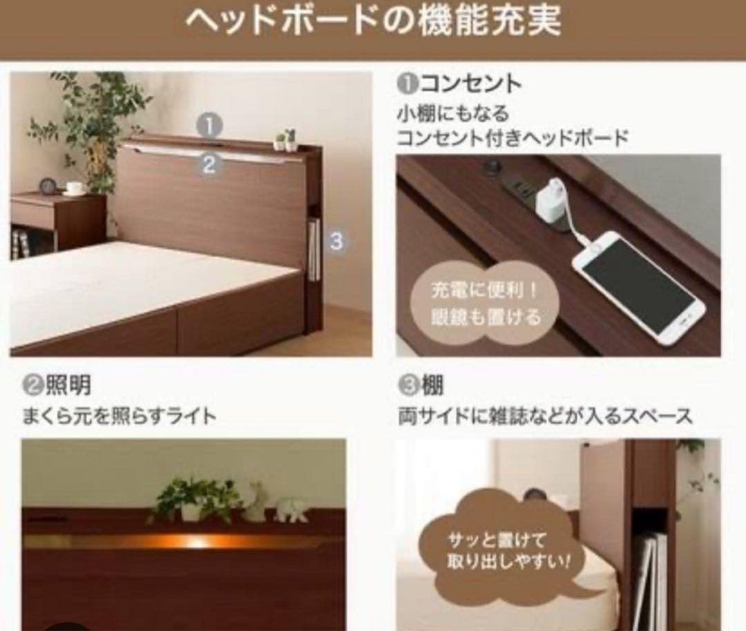 ニトリ　ダブルベッドフレーム　ホワイト　照明付きライト　大容量収納　コンソン