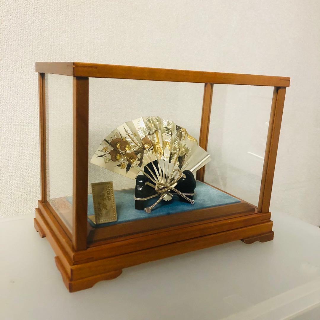 E26骨董品✨ 武比古作 純銀製 扇飾り 木製ガラスケース 置物21g