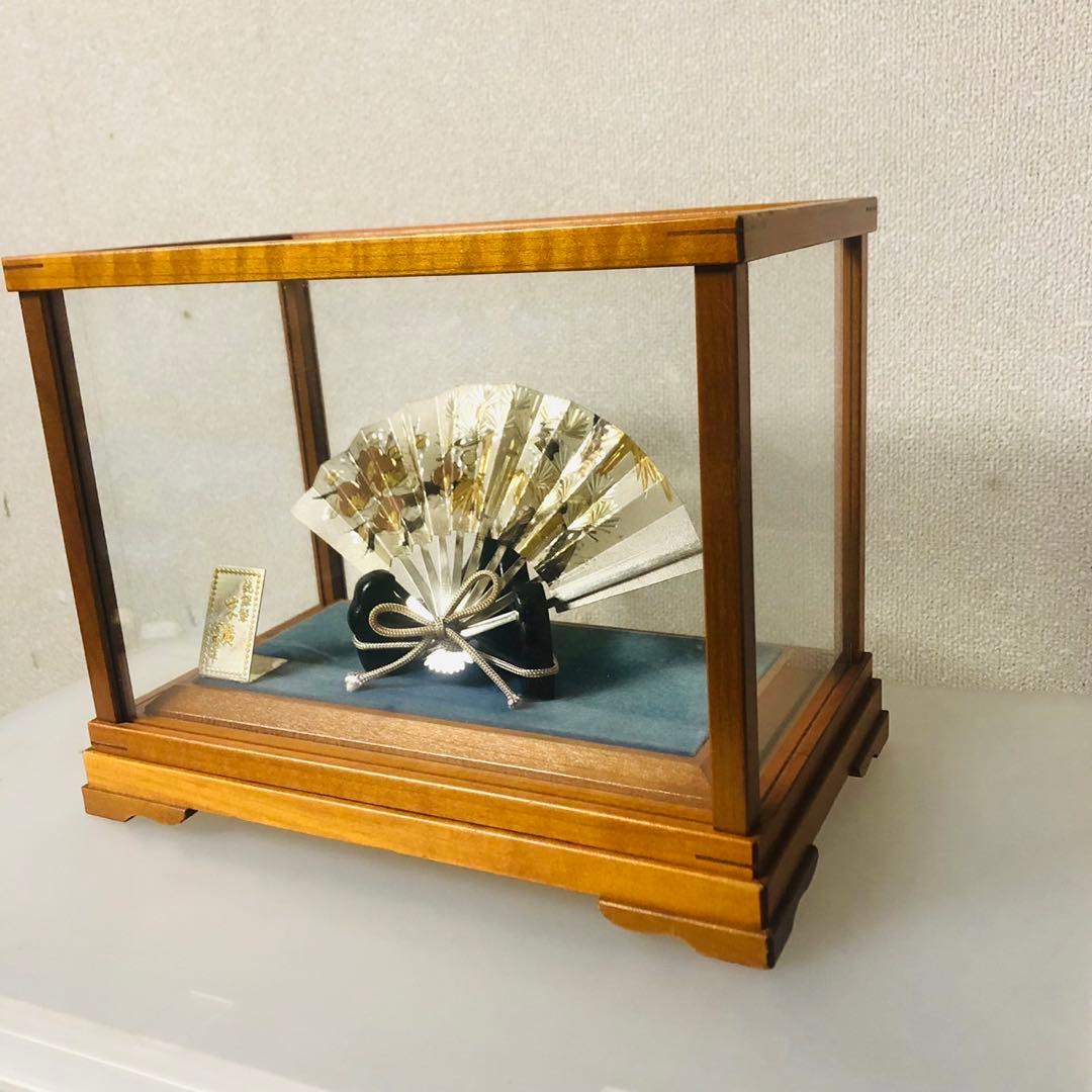 E26骨董品✨ 武比古作 純銀製 扇飾り 木製ガラスケース 置物21g