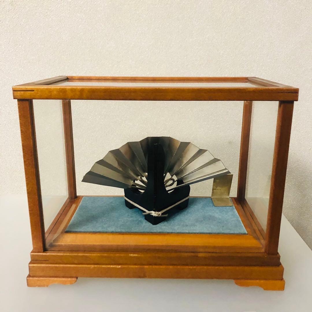 E26骨董品✨ 武比古作 純銀製 扇飾り 木製ガラスケース 置物21g