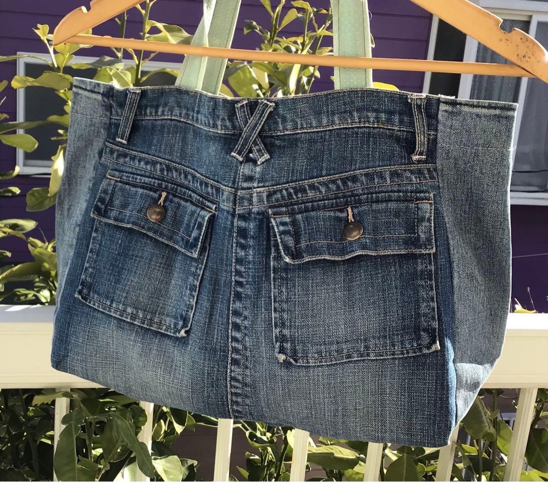 デニムバック　トート　手作り　アメリカ製生地パッチ　可愛い　ヴィンテージ　手刺繍