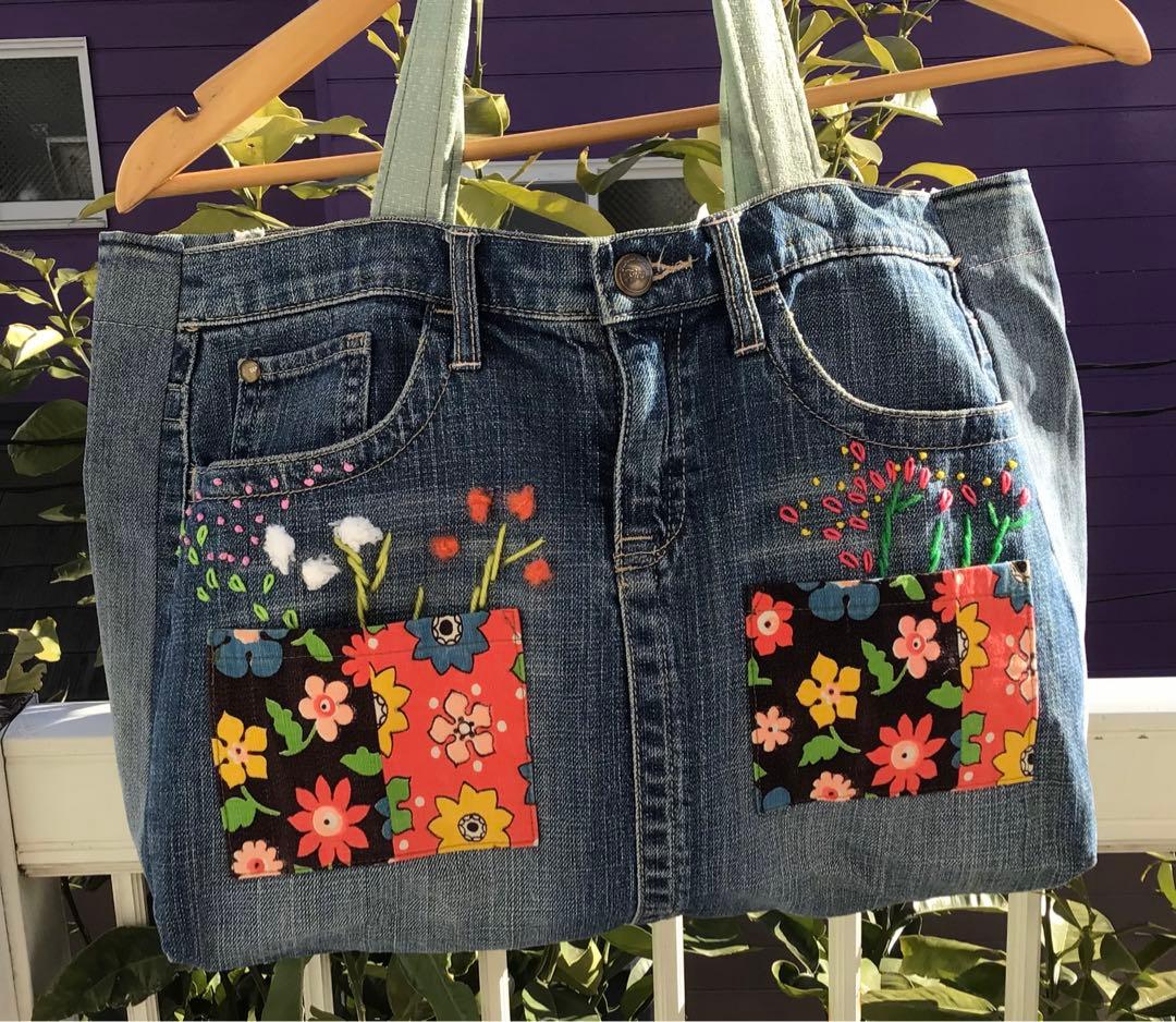 デニムバック　トート　手作り　アメリカ製生地パッチ　可愛い　ヴィンテージ　手刺繍