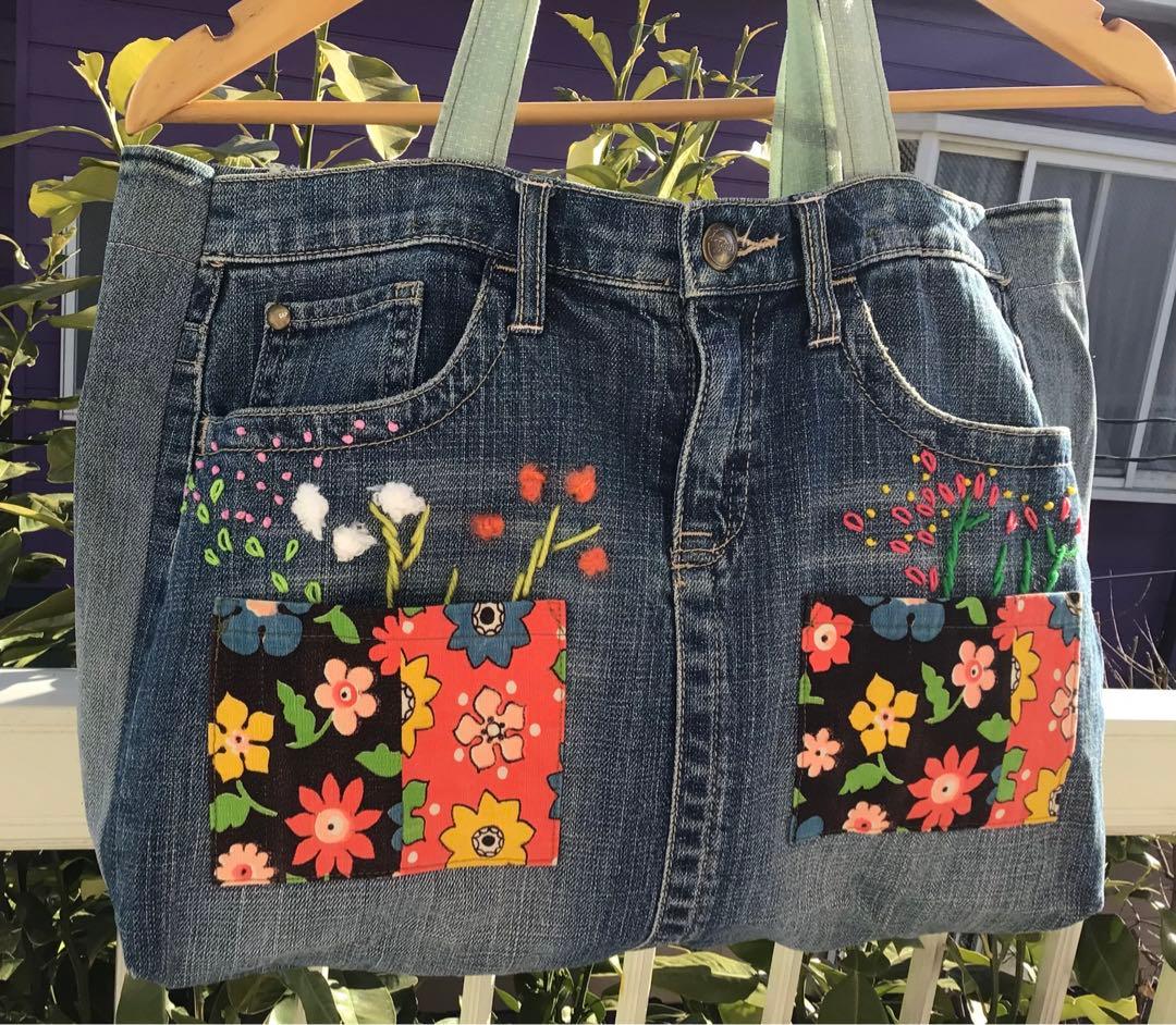 デニムバック　トート　手作り　アメリカ製生地パッチ　可愛い　ヴィンテージ　手刺繍