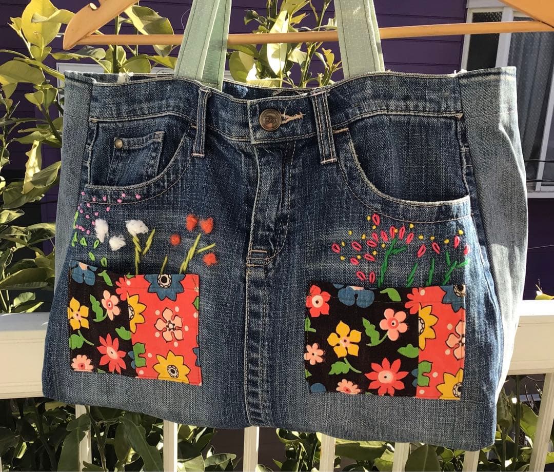 デニムバック　トート　手作り　アメリカ製生地パッチ　可愛い　ヴィンテージ　手刺繍