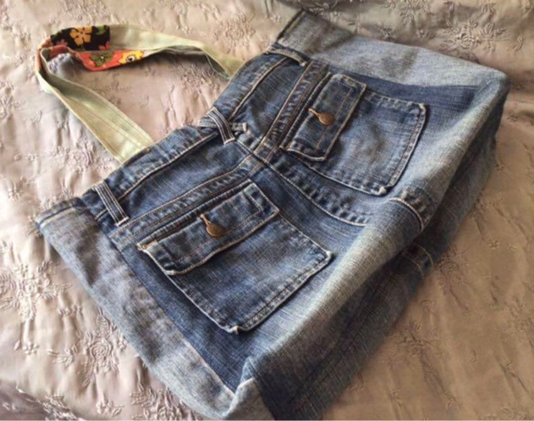 デニムバック　トート　手作り　アメリカ製生地パッチ　可愛い　ヴィンテージ　手刺繍