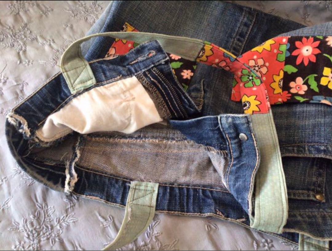 デニムバック　トート　手作り　アメリカ製生地パッチ　可愛い　ヴィンテージ　手刺繍
