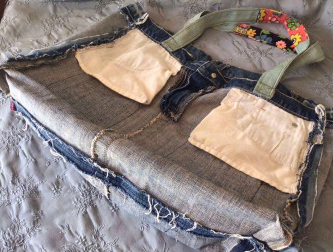 デニムバック　トート　手作り　アメリカ製生地パッチ　可愛い　ヴィンテージ　手刺繍