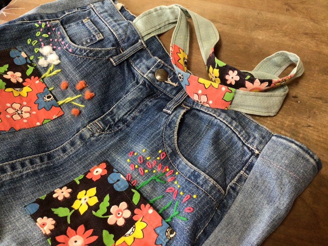 デニムバック　トート　手作り　アメリカ製生地パッチ　可愛い　ヴィンテージ　手刺繍