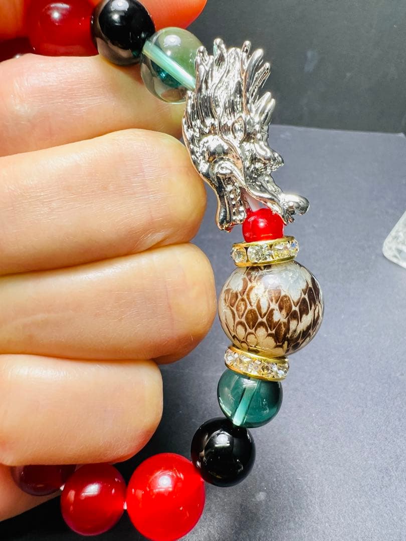 沖縄ハブ琉石&銀龍頭 秘紅石 黄緑水晶 超金運ブレスレット❗️宝くじ運 すごい波動