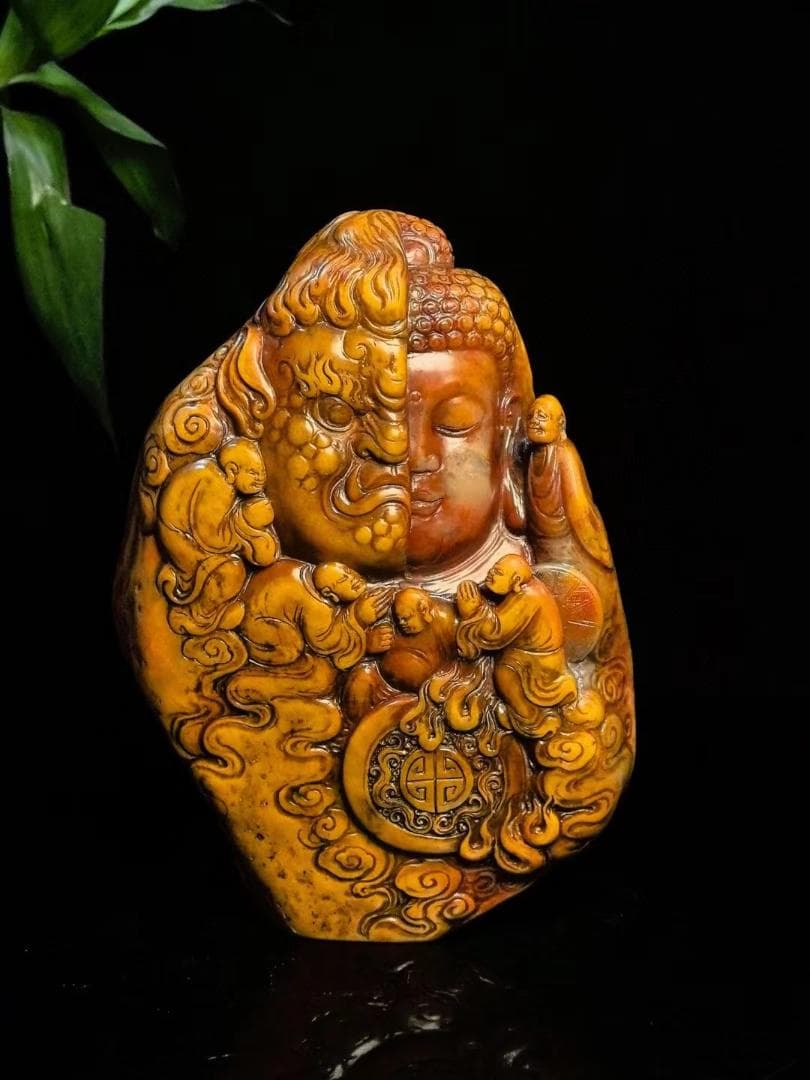 中国古美術・仏魔一念の印鑑・寿山石極品金田黄印・置物・純手彫り・風水開運・文房具