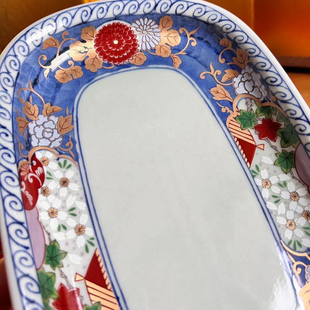 【未使用品】有田焼　清秀窯　金彩古伊万里　濃木甲　多用皿揃　楕円皿5客 元箱入り